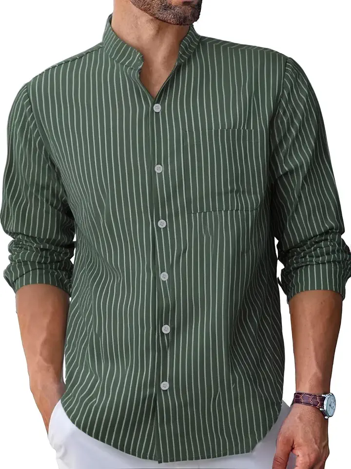 BAYAMO Men's Banded Collar Stripe Shirt, Linen Cotton Mandarin Collar Long Sleeve Button Down Shirts Collarless Tops