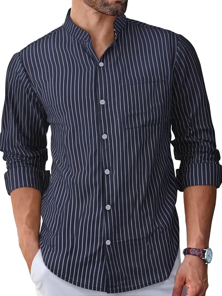 BAYAMO Men's Banded Collar Stripe Shirt, Linen Cotton Mandarin Collar Long Sleeve Button Down Shirts Collarless Tops