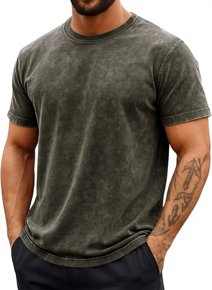 Runcati Mens Short Sleeve T-Shirts 100% Cotton Crew Neck Casual Shirt Vintage Acid Wash Summer Fashion Tees