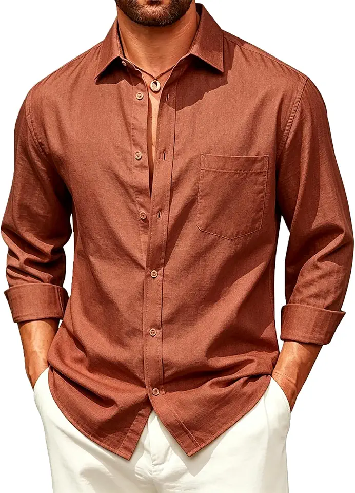 Barry.Wang Mens Linen Shirts Long Sleeve Solid Button Down Lightweight Casual Business Vacation Dress Shirt with Pocket