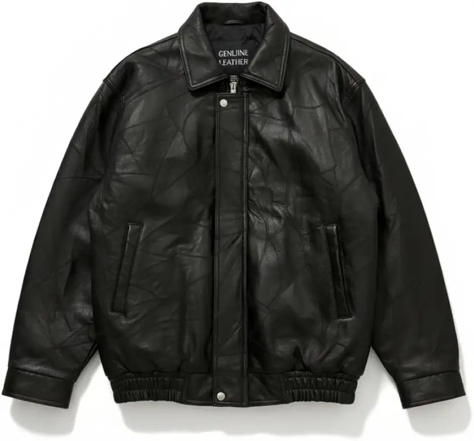 Men’s Genuine Leather Motorcycle Jacket Black Bomber Style Zip-Up Baseball Collar Biker Leather Coat