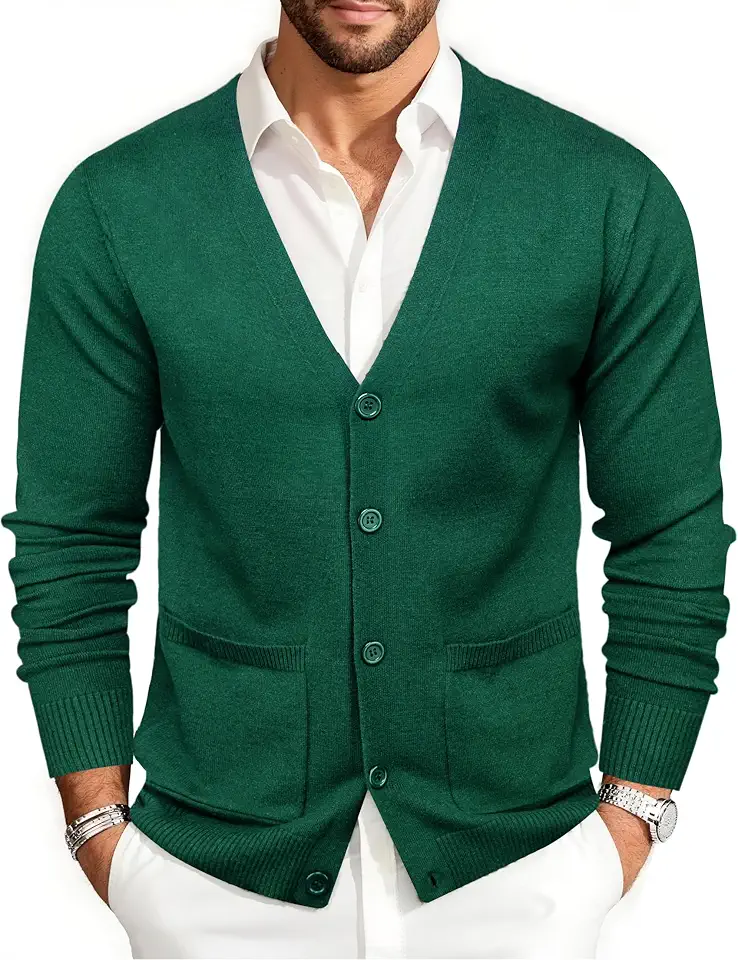 Barry.Wang Mens Cardigan Sweater Long Sleeve Casual V Neck Solid Knitwear Cardigans with Pockets Business Weekend