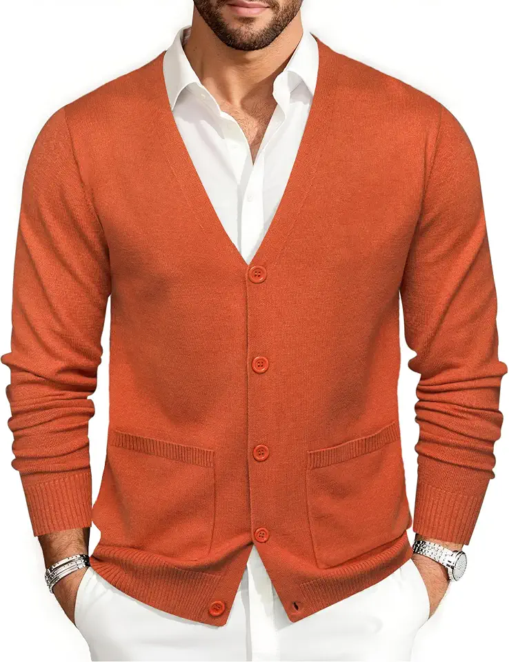 Barry.Wang Mens Cardigan Sweater Long Sleeve Casual V Neck Knitwear Pockets