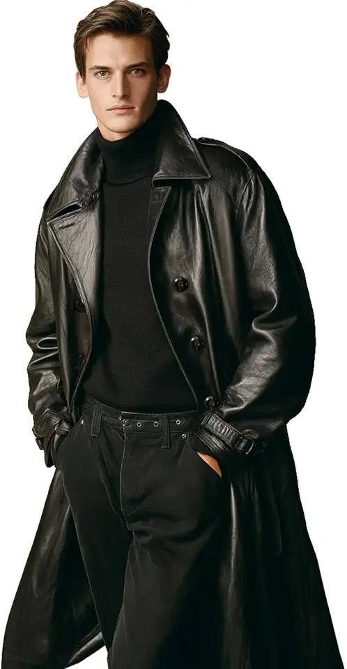 Men's Real Cowhide Leather Trench Coat - Slim Fit Double Breasted
