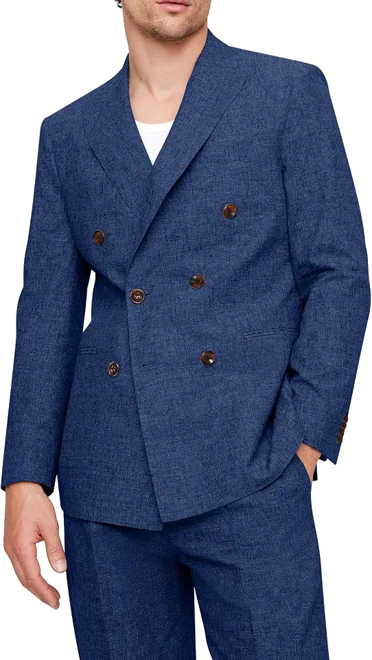 Men’s 2 Piece Navy Linen Suit Slim Fit Business Casual Double Breasted Suit Breathable Blazer Pants Set for Beach Wedding Linen Tuxedo Suit 3XL