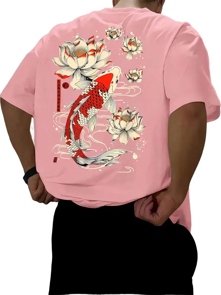 QJQ Men's Letter Graphic Tees Short Sleeve Crewneck T Shirts Trendy Streetear Tops Vintage Japanese Koi Shirts