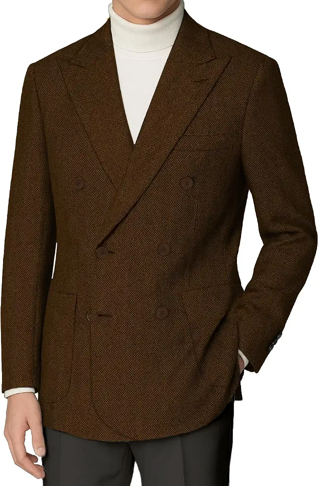 Global Recycled Standard Retro Tweed Blazer Men Herringbone Double Breasted Jacket Wool Blend Coat