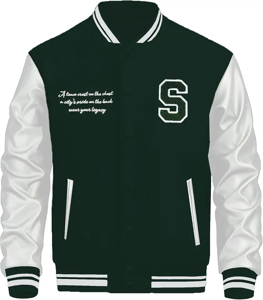 Men's Forest Green Cream Leather Sleeve Varsity Jacket