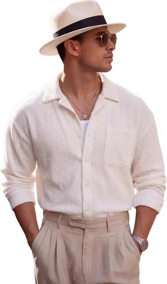 Mens Long Sleeve Button Down Shirts Textured Waffle Knit Cuban Collar Shirt Jacket Loose Fit Casual Beach Shacket