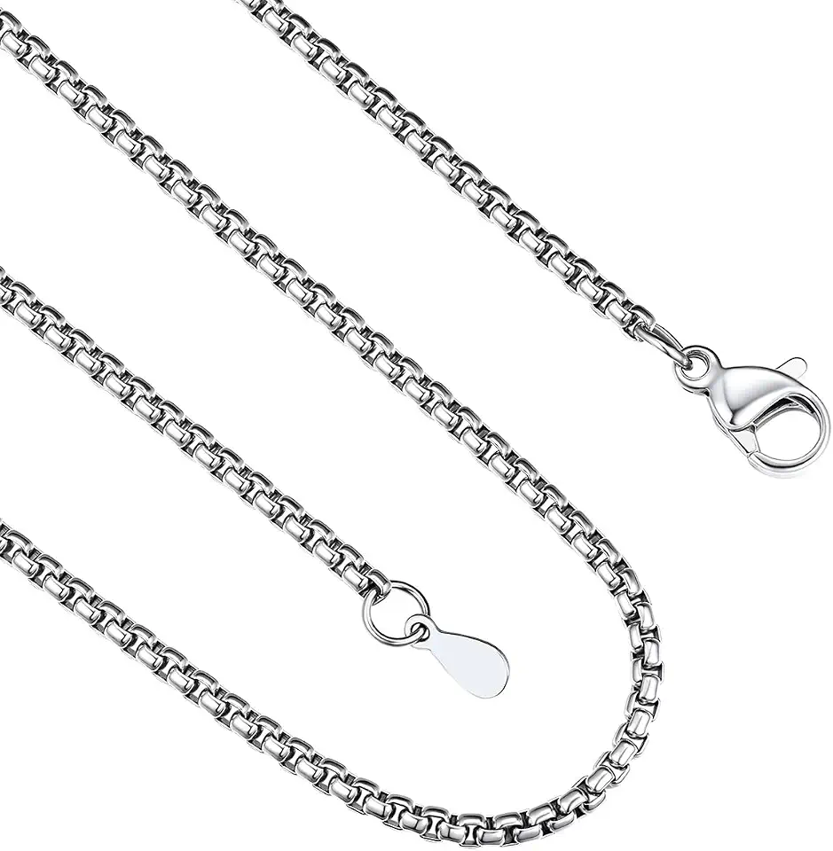 Recycled Claim Standard 100 FindChic Stainless Steel Square Box Chain for Men | Silver/Gold/Black Rolo Necklace for Pendant | 2mm/3mm/6mm/8mm Width | No Tarnish, Hypoallergenic Hip Hop Jewelry with Gift Box | 18"-30" Length
