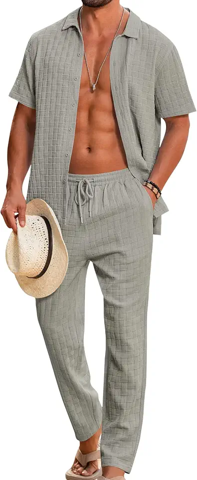 Mens 2 Piece Outfits Textured Short Sleeve Button Down Shirts and Matching Loose Pants Beach Party Suits