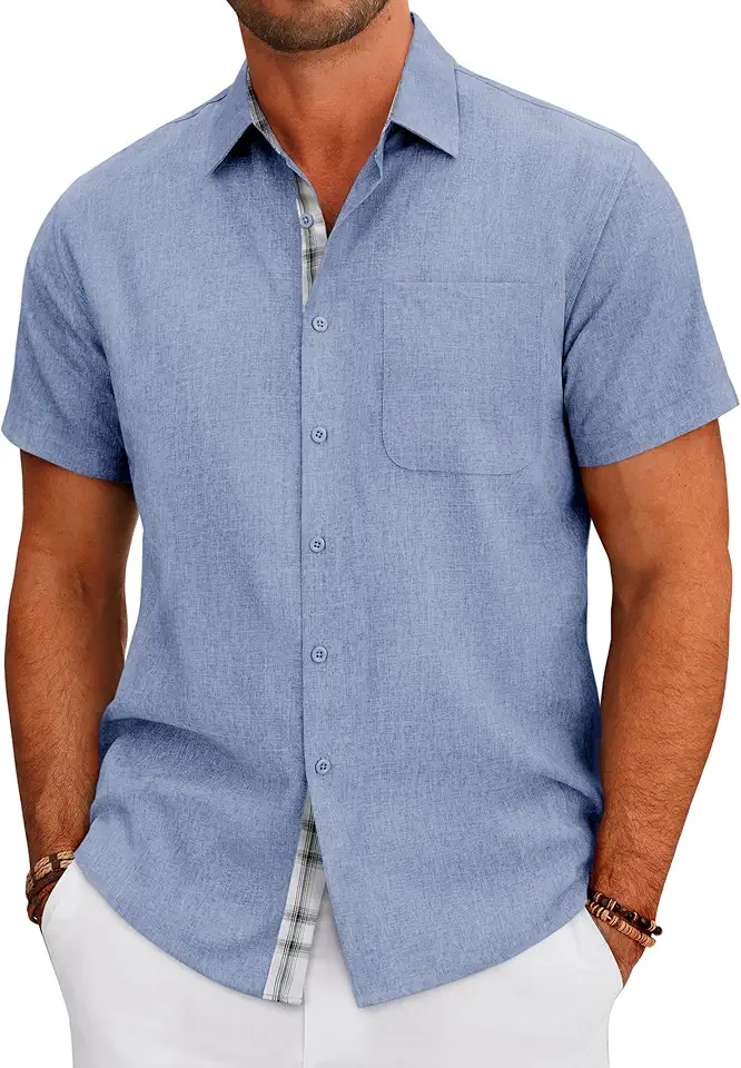 Mens Linen Shirts Short Sleeve Wrinkle Free Untucked Button Down Shirt | Chest Pocket, Summer, Casual, Beach, Wedding, Work, Lightweight, Breathable, Easy Care, Button Up, Spread Collar
