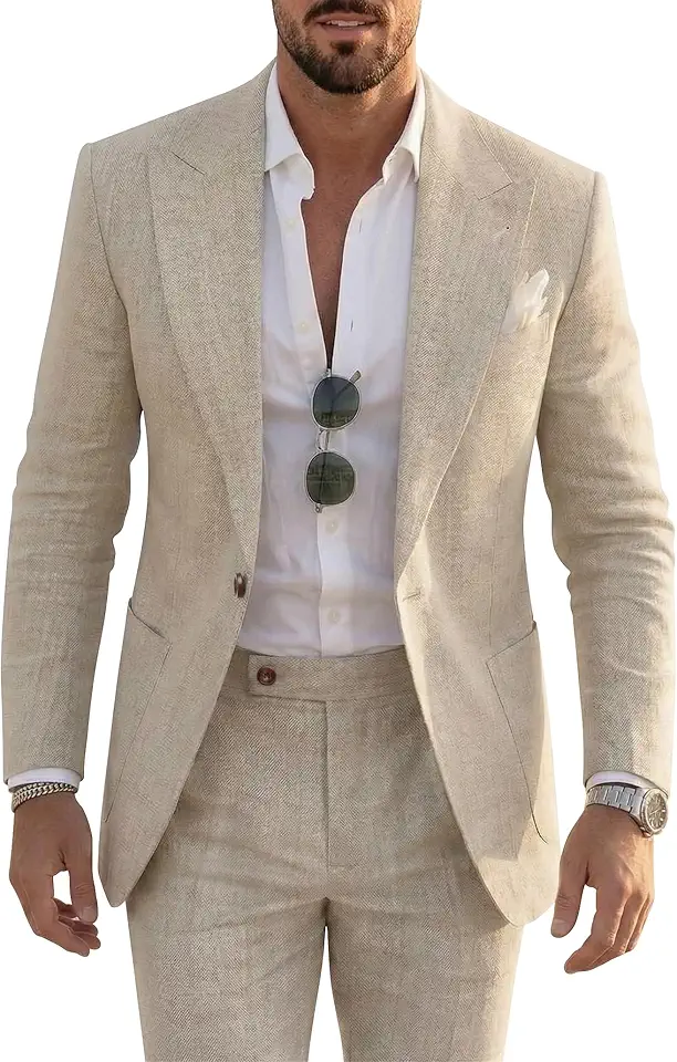 Mens Linen Suit 2 Piece Beach Wedding Casual Suit Jacket and Dress Pants Set Slim Fit Lightweight Suit Prom Tuxedo