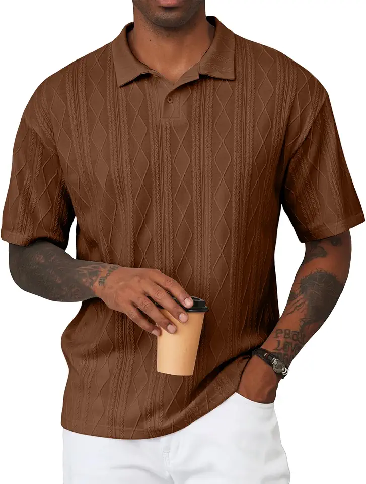 Global Recycled Standard JMIERR Mens Polo Shirt Textured Knit Button Casual Short Sleeve Summer Vacation Beach Stretchy Golf Shirts
