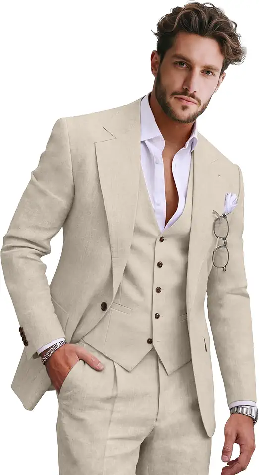 Retro 3 Pieces Men Linen Suit Slim 2 Button Notch Lapel Mens Suit Tuxedo Jacket Vest Pants Set Summer Beach Wedding