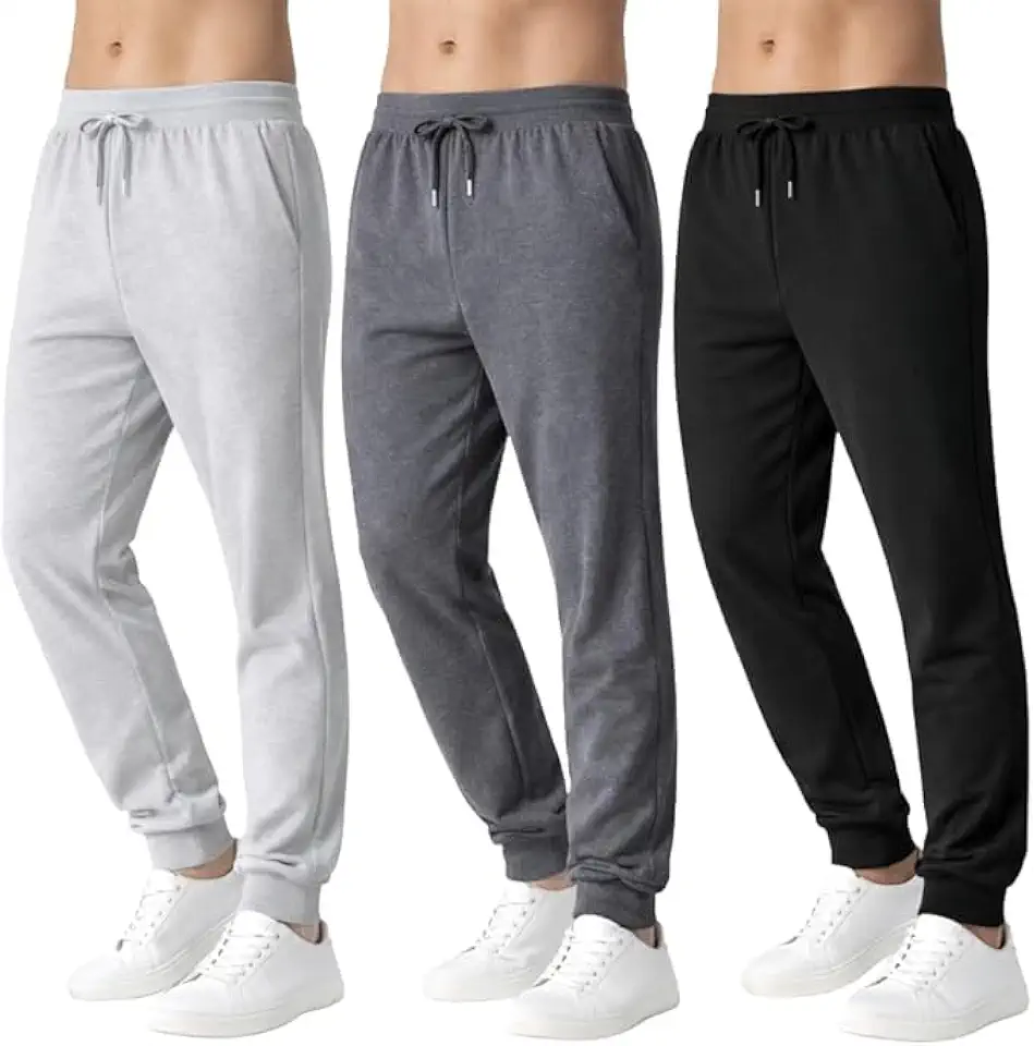 3-Pack Mens Jogger Pants – Sweatpants with Pockets, Elastic Waistband, Cuffed Ankles, Fleece Workout Pants