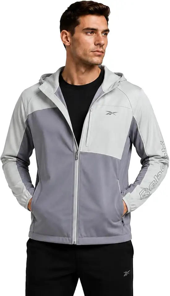 Reebok Mens Softshell Jacket - Lightweight Fleece Mens Jacket with Hood - Weather Resistant Zip Up Windbreaker Coats for Men
