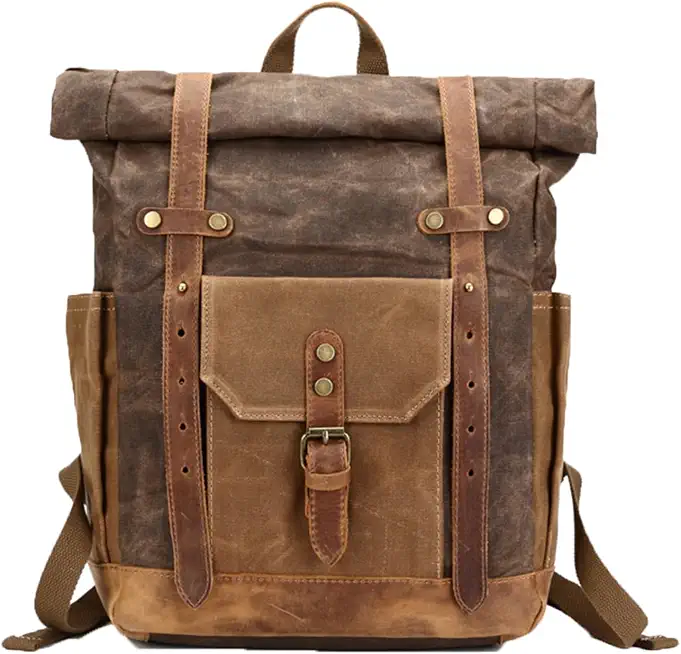 Waxed Canvas Leather Hiking Travel Waterproof Backpack for College Weekend Travel Fit 15in laptops (Coffee)
