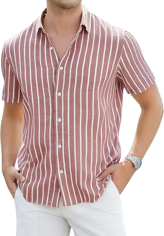 Damipow Mens Linen Shirts Short Sleeve Cotton Striped Button Down Shirt