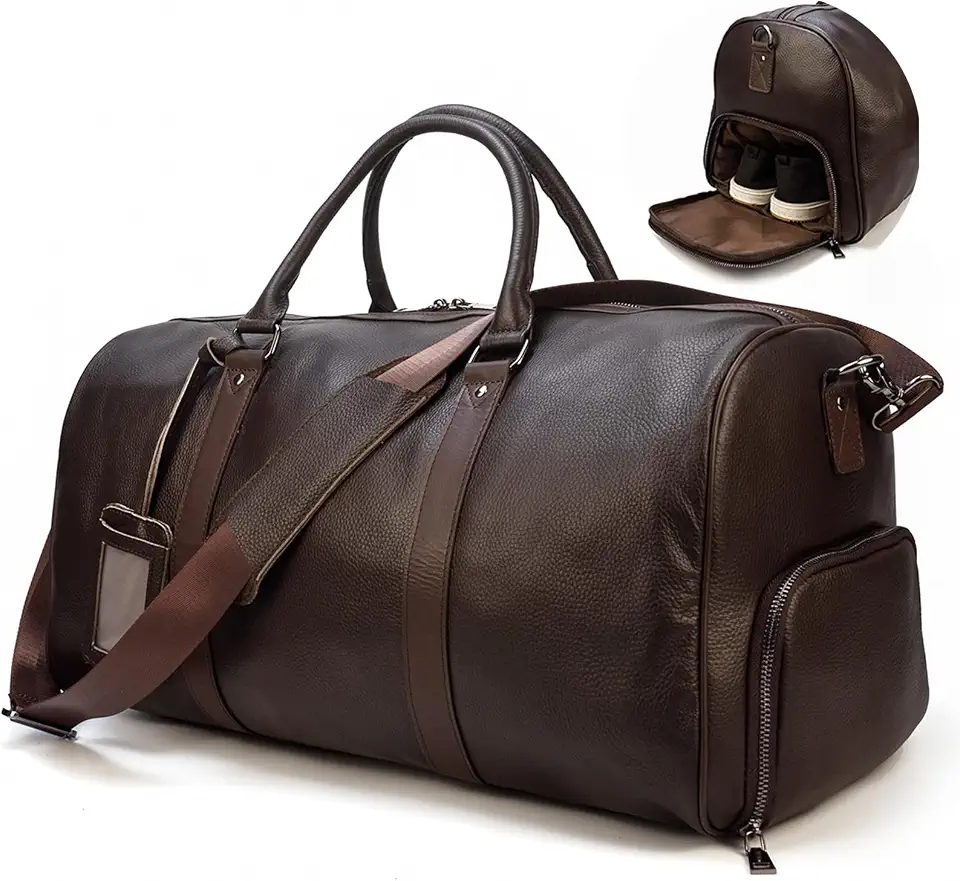 Genuine Leather Duffel Bag for Men & Women, Cabin Friendly Carry-On Weekender Bag for Gym Travel Overnight Trips, Brown