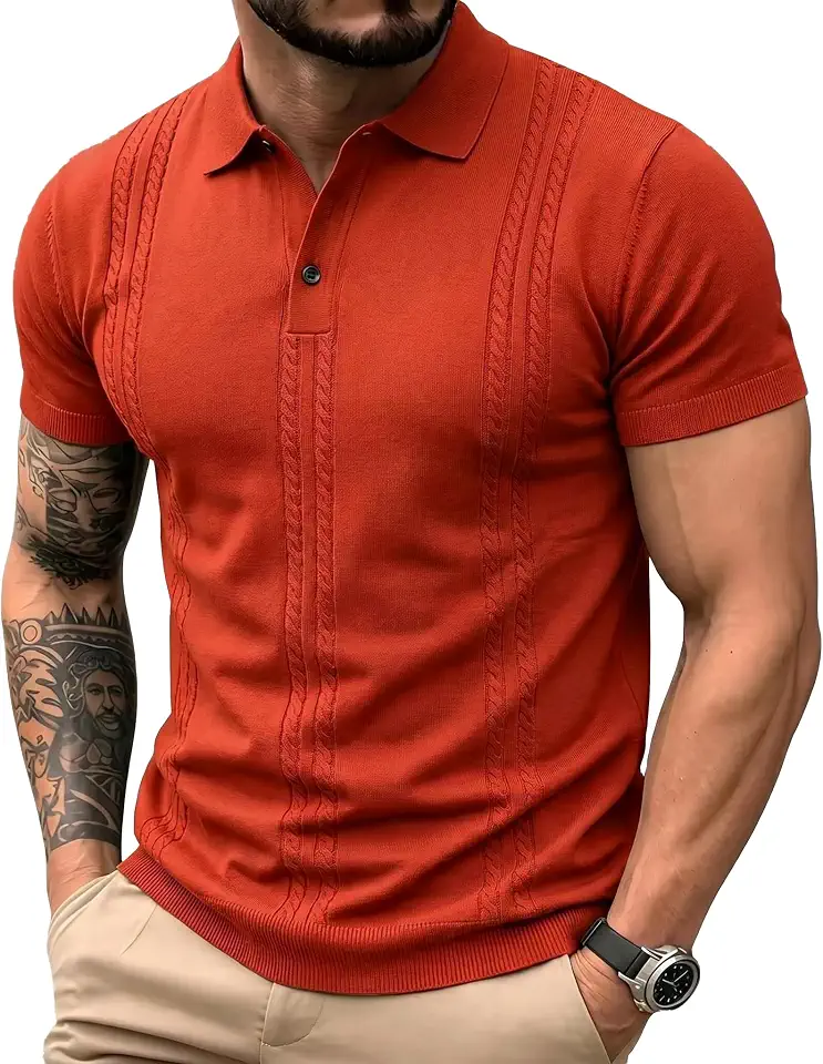 Knit Polo Shirts for Men Short Sleeve Orange Casual Golf Shirt