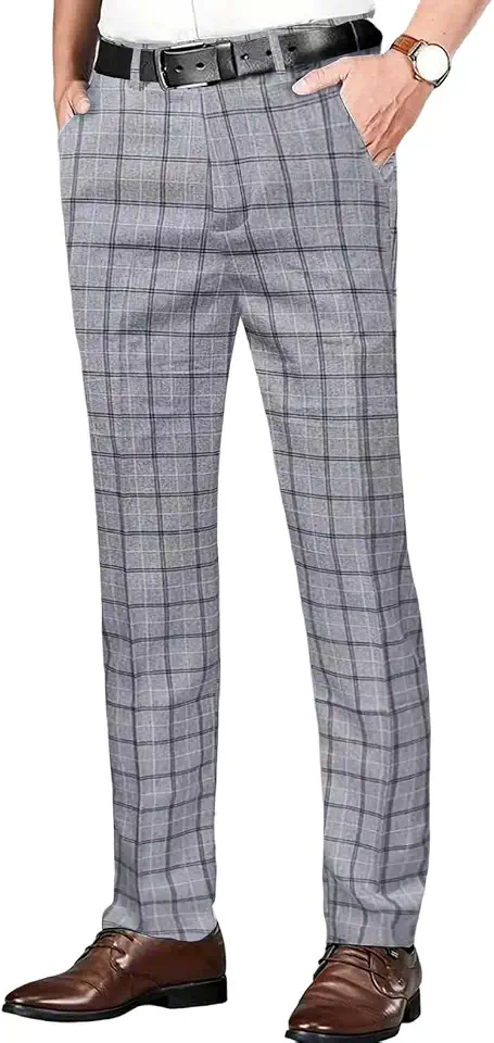 i·FineLong Plaid Men's Dress Pants Slim Fit Skinny Suit Pants