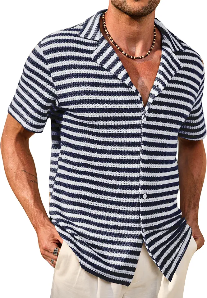 Herberton Mens Crochet Striped Shirts Summer Knit Button Tops