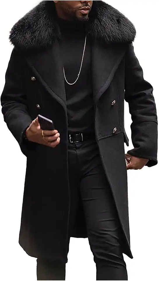 xxxiticat Mens Winter Trench Coat Detachable Fur Collar Wool Peacoat