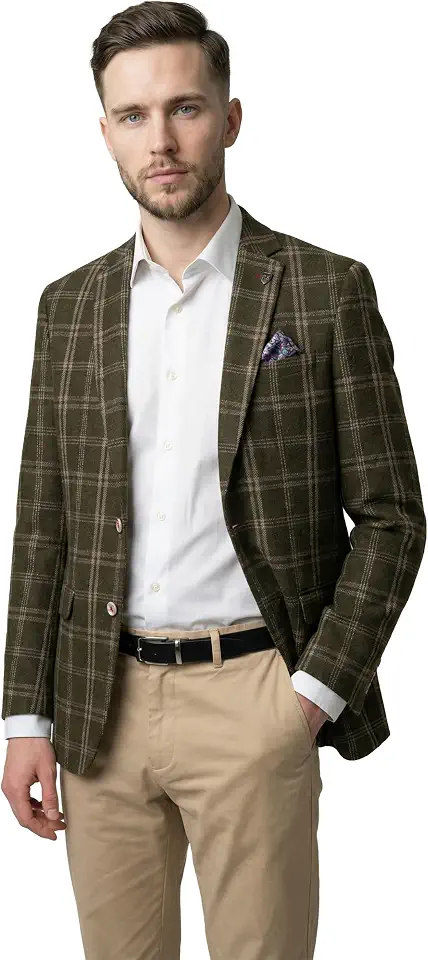 Men’s Green Windowpane Check Blazer Wool Blend Plaid Wedding Business Jacket
