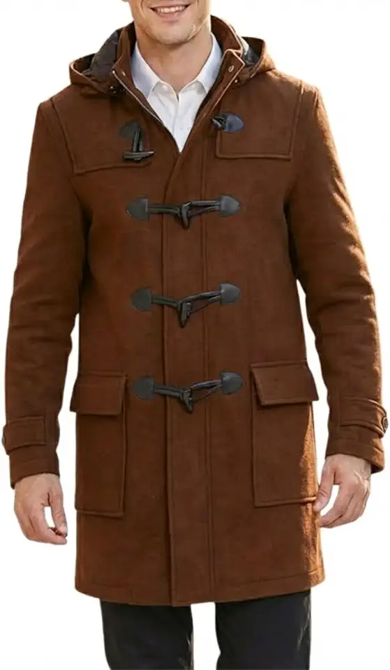 SBL SOUTH BEACH LEATHER Men’s Black Duffle Coat with Hood - Winter Wool Blend Long Car Coat - Toggle Button Closure (US, Alpha, X-Large, Regular, Regular, Brown)