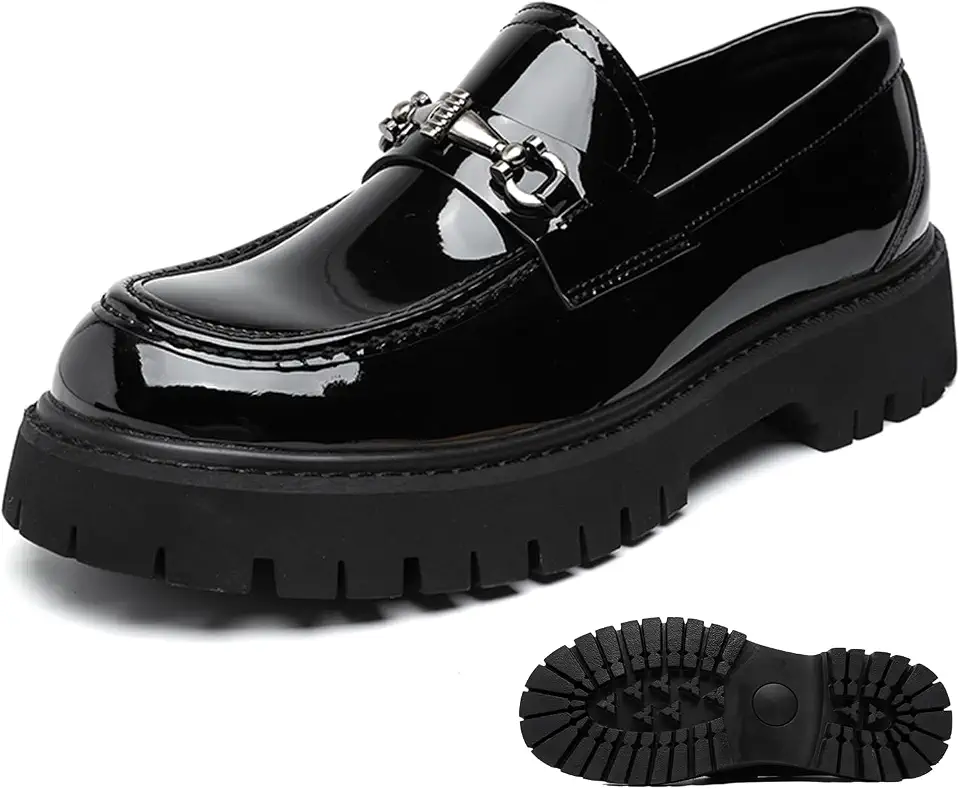Men's Platform Loafers Fashion Patent Leather Slip-On Shoes with Metal Horsebit Non-Slip Lug Sole Comfortable Dress Shoes for Business Office & Casual Daily Wear