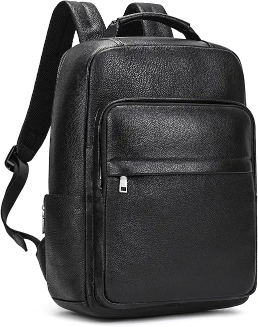 Durable Genuine Leather Backpack - 15.6 Inch Laptop Bag for Business Commute & Travel, Large Capacity Multi-Pocket Backpack for Men/Women, Black