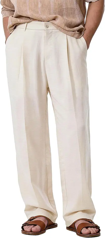 Comdecevis Men's Casual Linen Pleated Pants Lightweight Loose Fit Summer Beach Linen Dress Trousers