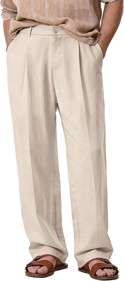 Comdecevis Men's Casual Linen Pleated Pants Lightweight Loose Fit Summer Beach Linen Dress Trousers