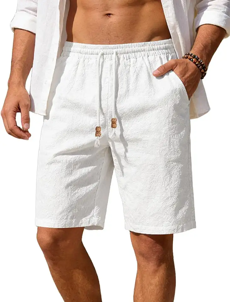 Men's Cotton Linen Shorts Casual Elastic Waist Drawstring Summer Beach Vacation Shorts with Pockets