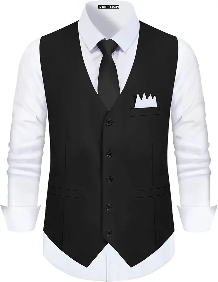 Men's Formal Suit Vest with Tie & Pocket Square | Slim Fit Single Breasted 5 Buttons Waistcoat Vest Set for Men, Adjustable Waist, 3 Real Pockets