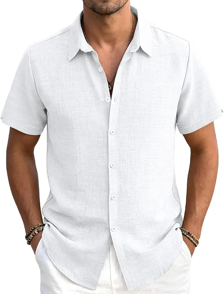 Men's Linen Shirts Casual Lightweight Button Down Shirt Beach Vacation Summer Tops Short Sleeve Stylish Shirt