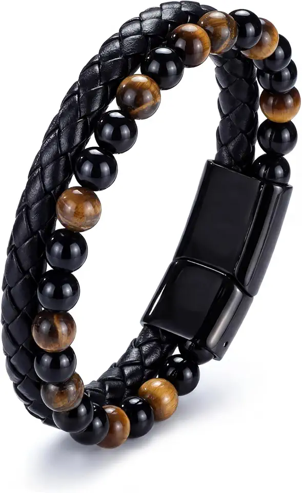 Leather Bracelet for Men Tigers Eye Beaded Bracelet Gifts for Son Husband