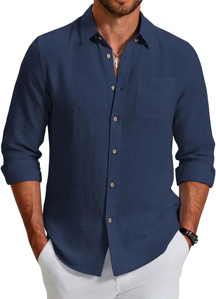 COOFANDY Men's Long Sleeve Button Down Shirt Casual Untucked Shirts Summer Beach Wedding Linen Textured Shirts