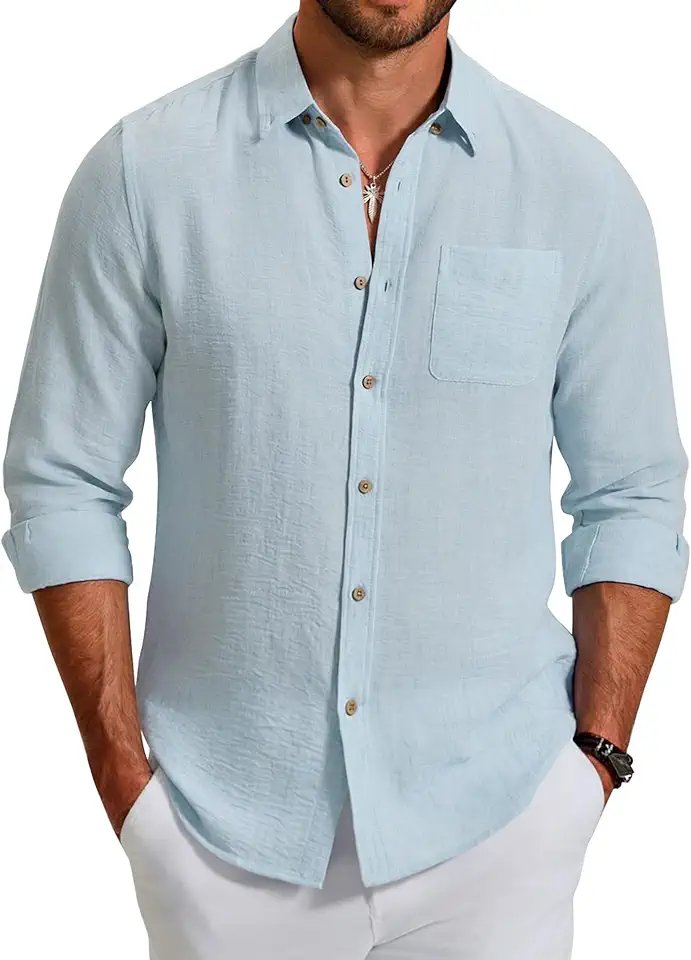 Global Recycled Standard COOFANDY Men's Long Sleeve Button Down Shirt Casual Untucked Shirts Summer Beach Wedding Linen Textured Shirts