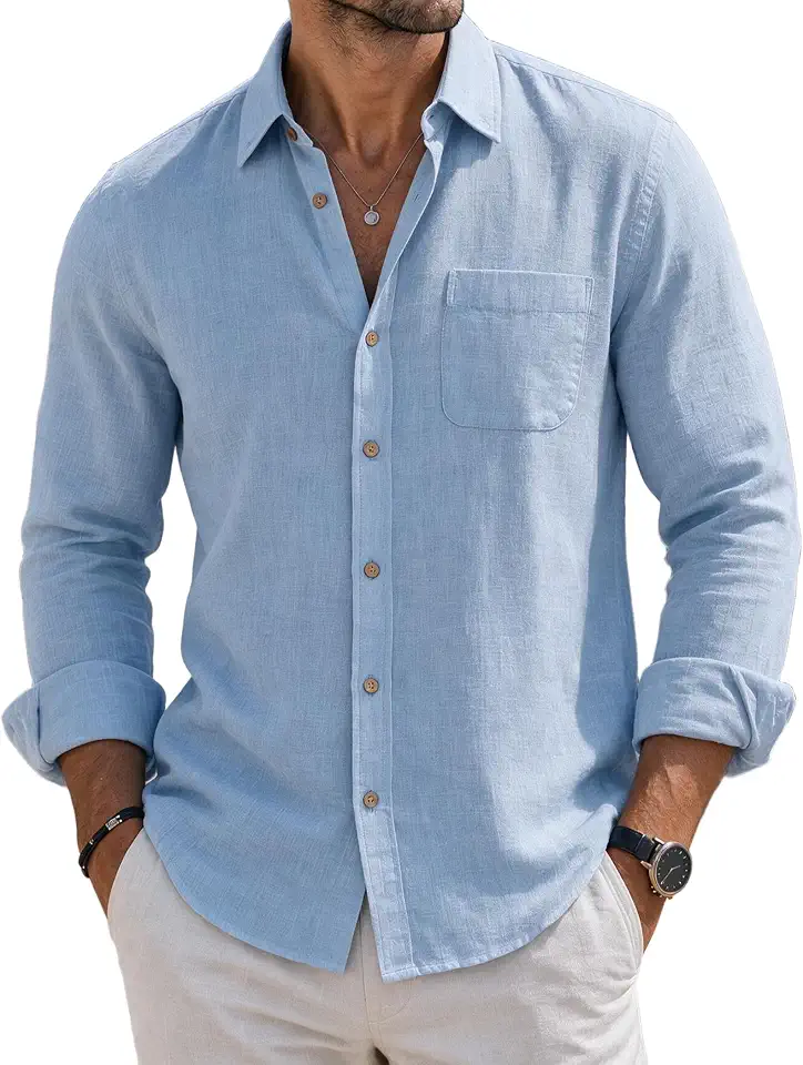 Global Recycled Standard COOFANDY Men's Long Sleeve Button Down Shirt Casual Untucked Shirts Summer Beach Wedding Linen Textured Shirts