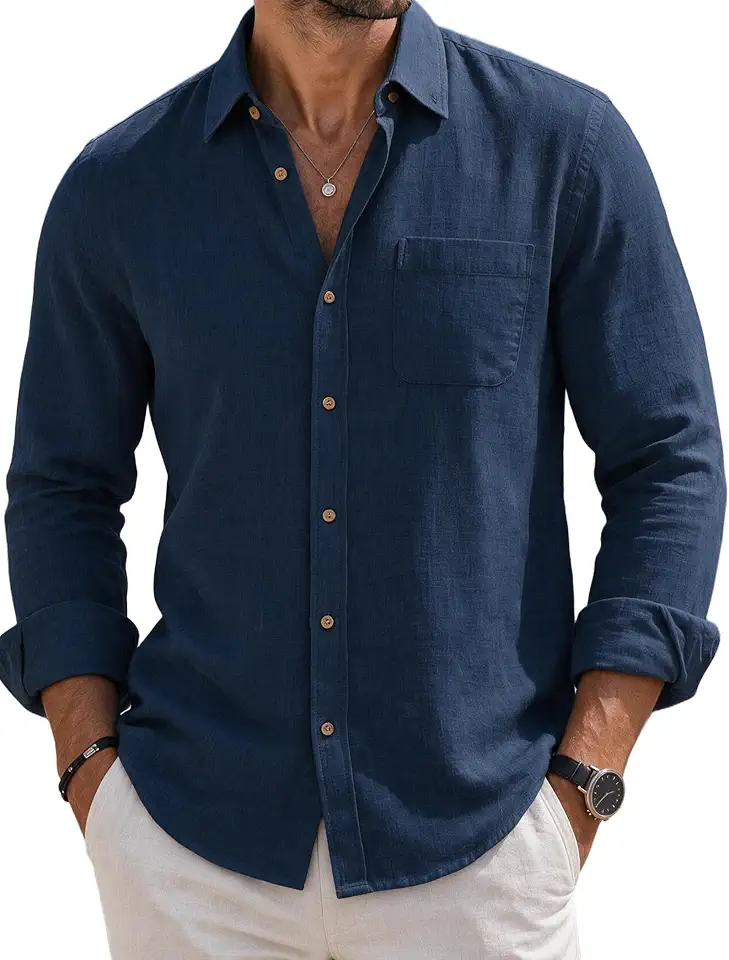 Global Recycled Standard COOFANDY Men's Long Sleeve Button Down Shirt Casual Untucked Shirts Summer Beach Wedding Linen Textured Shirts