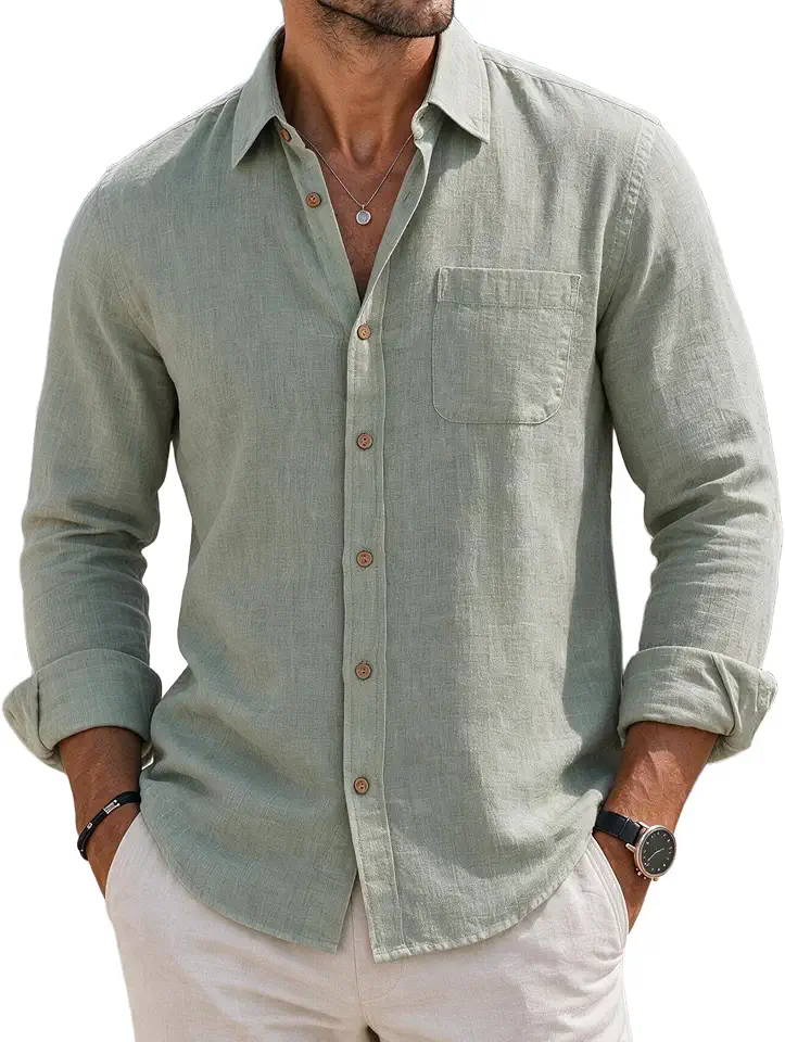 Global Recycled Standard COOFANDY Men's Long Sleeve Button Down Shirt Casual Untucked Shirts Summer Beach Wedding Linen Textured Shirts