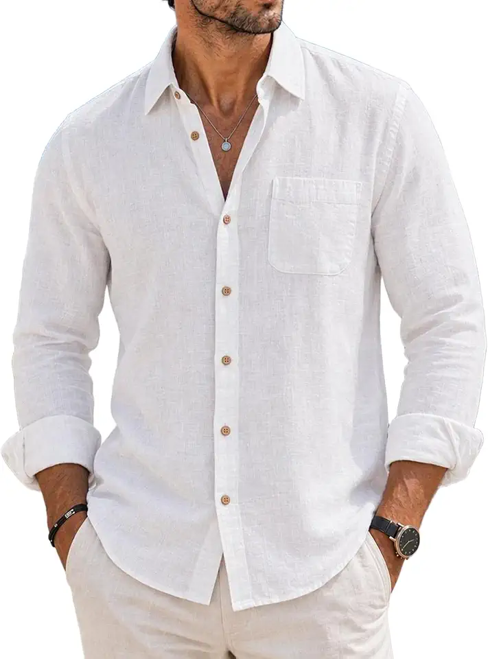 Global Recycled Standard COOFANDY Men's Long Sleeve Button Down Shirt Casual Untucked Shirts Summer Beach Wedding Linen Textured Shirts