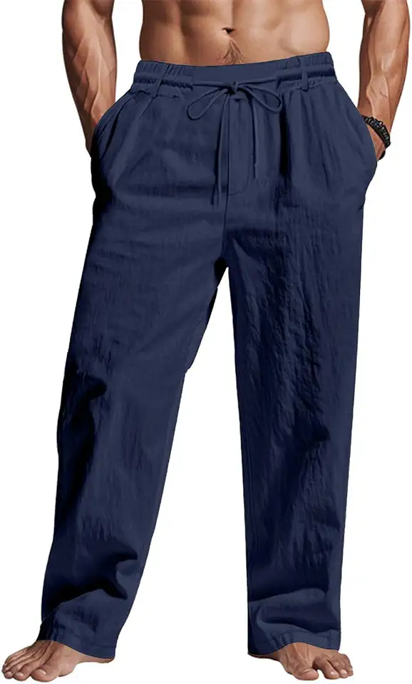 Puimentiua Casual Linen Pants Men Elastic Drawstring Baggy Summer Lounge