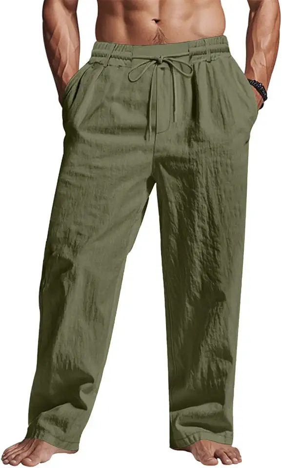 Puimentiua Casual Linen Pants Men Elastic Drawstring Baggy Summer Lounge