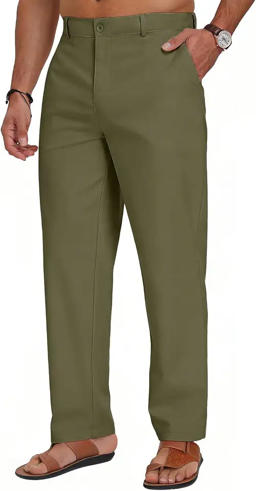 Puimentiua Mens Linen Casual Business Dress Pants Elastic Waist Regular Fit