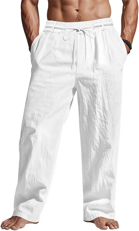 Puimentiua Casual Linen Pants Men Elastic Drawstring Baggy Summer Lounge