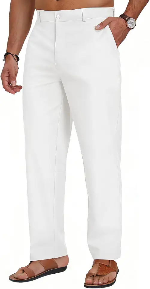 Puimentiua Mens Linen Casual Business Dress Pants Elastic Waist Regular Fit