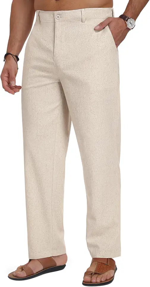 Puimentiua Mens Cotton Linen Pants Business Casual Mens Dress Pants Summer Beach Loose Relaxed Fit Trousers